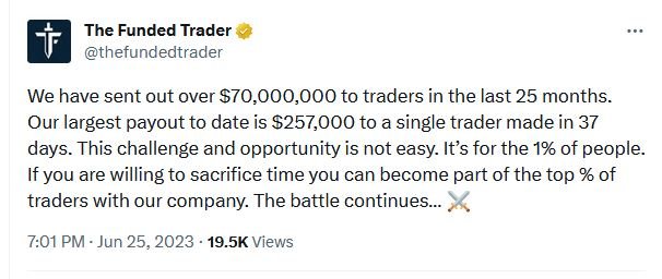The Funded Trader Total Payout Tweet