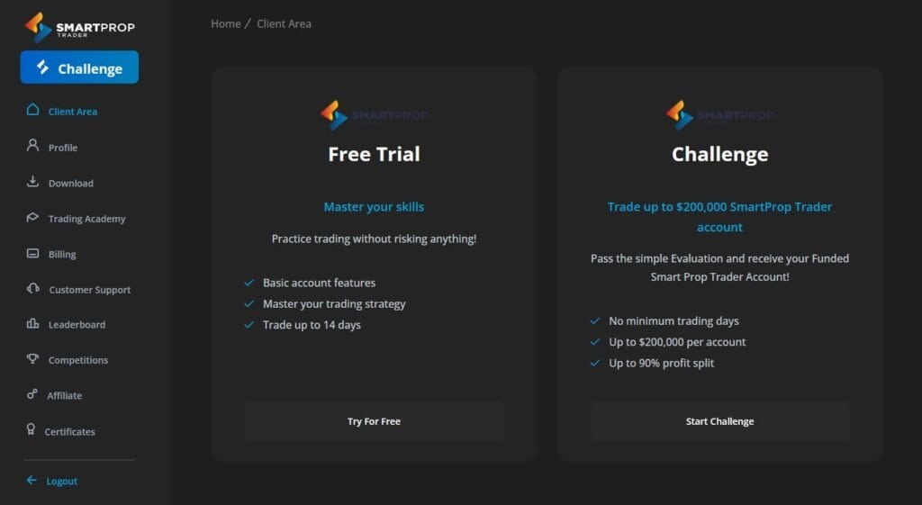 Smart Prop trader Client Area