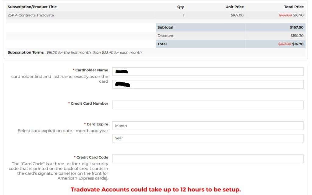 Apex Trader Funding Payment Info page