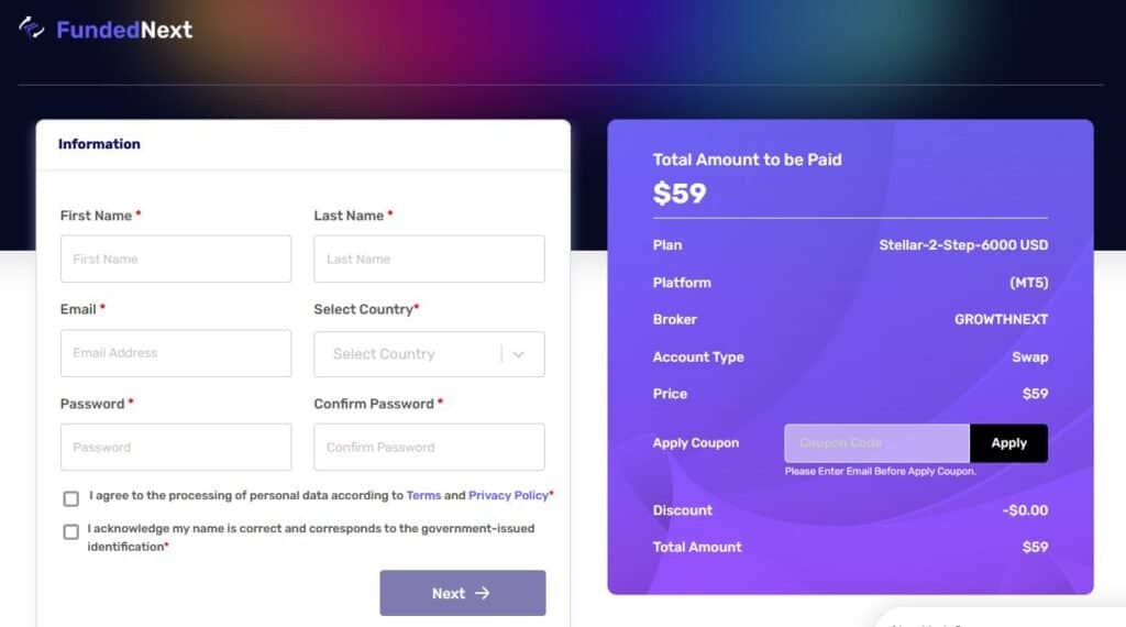 FundedNext Order Page